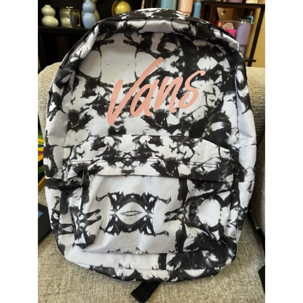 EUC Vans Realm Cloud-Wash Black-and-White Tie-Dye Backpack Pink Logo